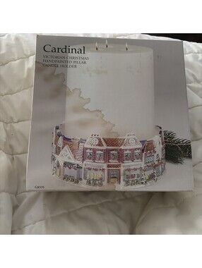 Cardinal Victorian Christmas Hand Painted Pillar Candle Holder w/Box